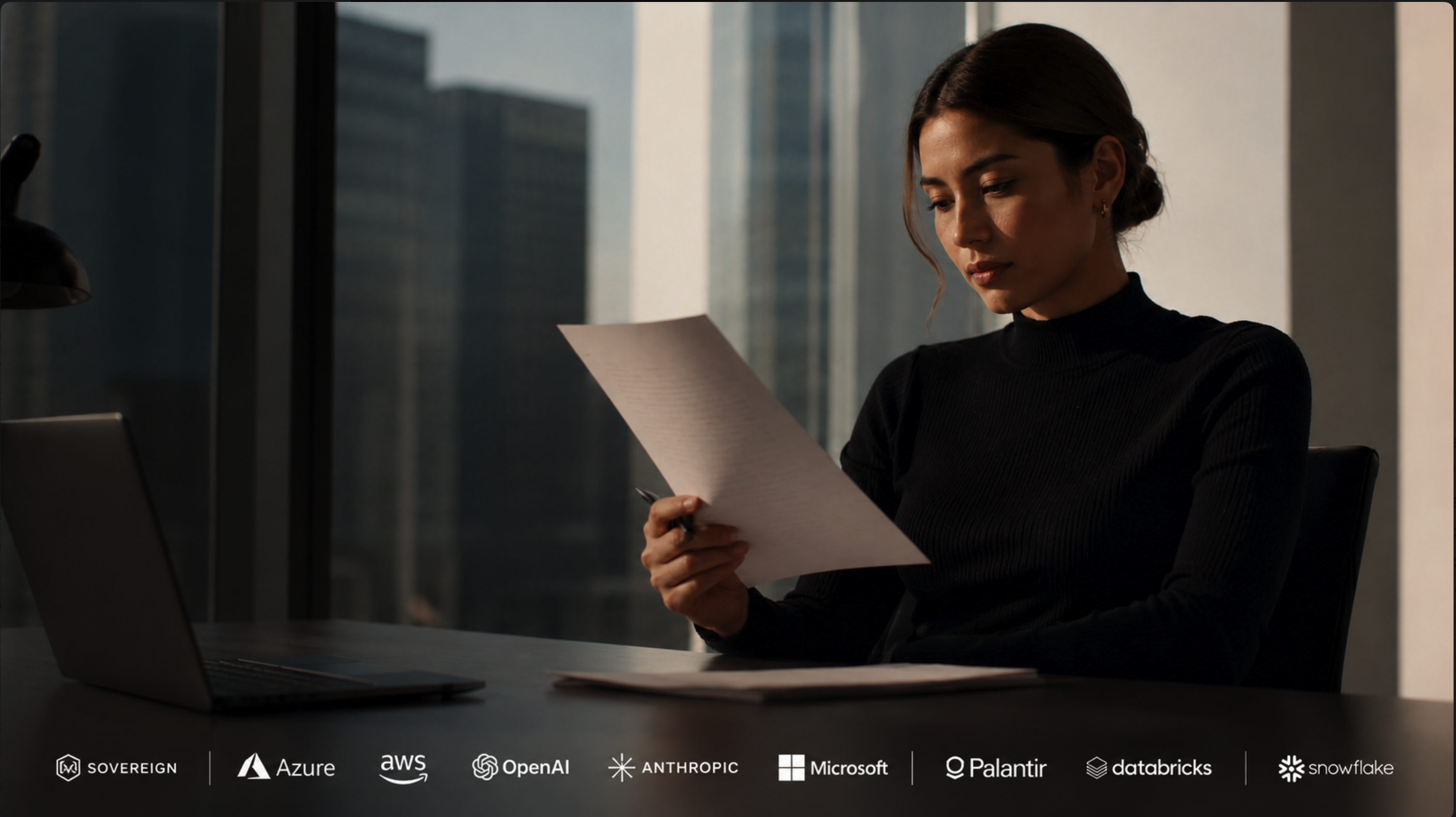 Enterprise professional reviewing research in a modern office